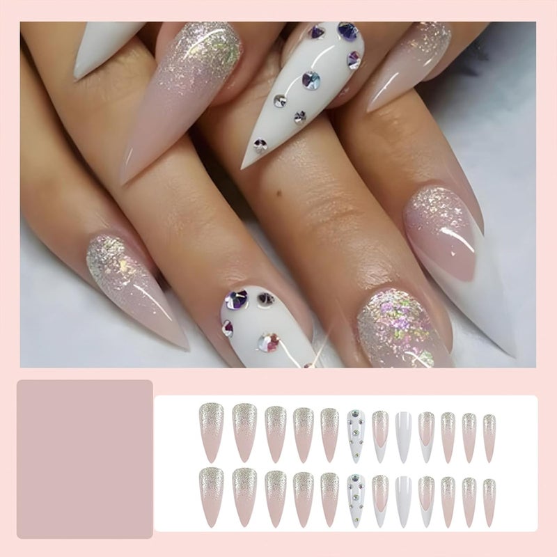 SINHOT Rhinestones Long Stiletto Fake Nails - Glossy Glue on White French Tip Acrylic Pink Almond Artificial Sparkly Glitter Stick on False Nails with Design 24 pcs - Image 4
